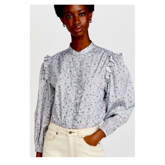 Something Navy Floral Ruffle Button Down Blouse XS Blue - Picture 1 of 8